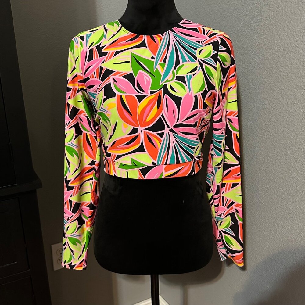 Wild Fable Crop Top Womens Small Long Sleeve Colorful Leaf Print Cutout Side